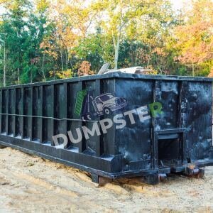 Residential Dumpster Large black dumpster situated on sandy ground with trees in the background.